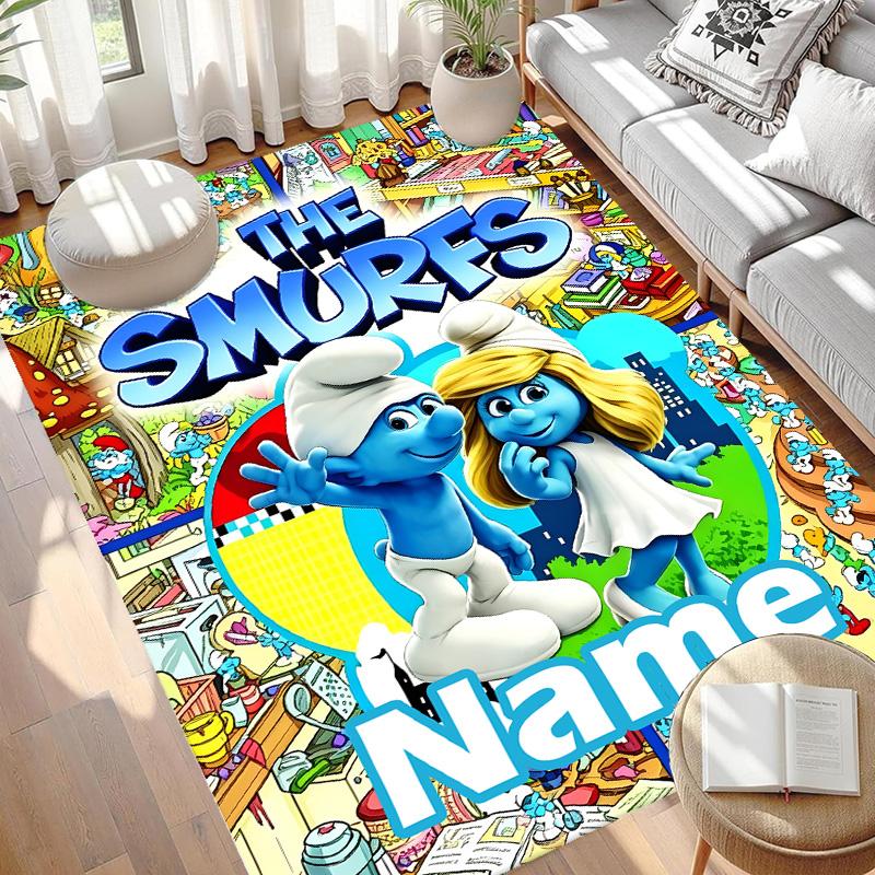 Custom Name Personalized Blue Smurfs Print Carpet, Versatile Home Decor Rug, for Playroom, Apartment, Balcony, Entryway, Hallway Gift