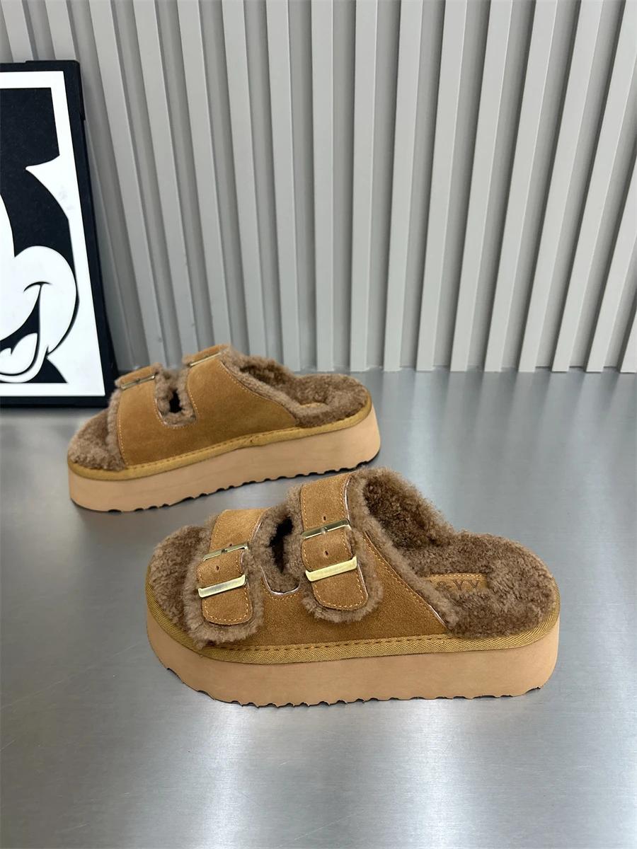 

Модные, высокого уровня внешний вид, толстая подошва, открытый носок, пряжка-игла, плюшевые, теплые, модные, все удобные, нескользящие, меховые женские тапочки 40