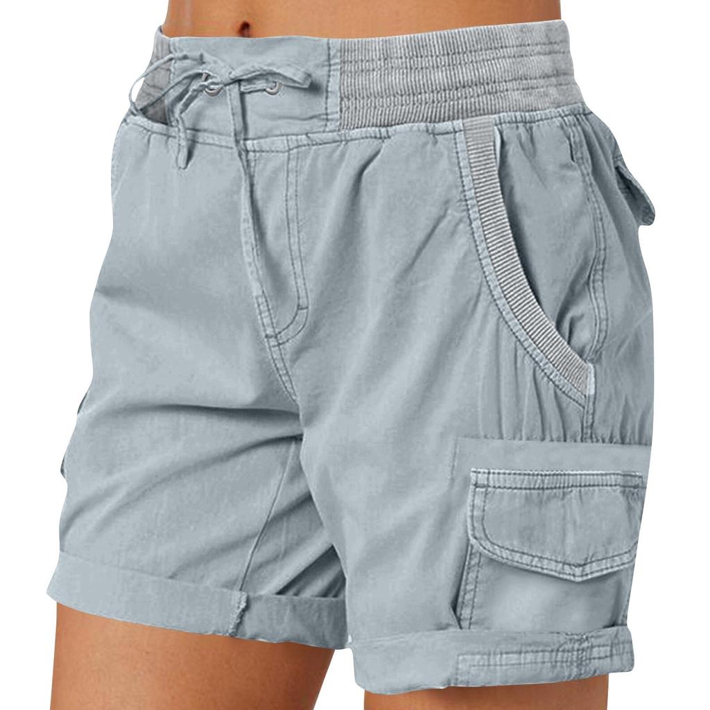Women's Fashionable Color Pocket Drawstring Casual Work Pants With Elastic Waist And Rolled Edge Five Quarter Shorts