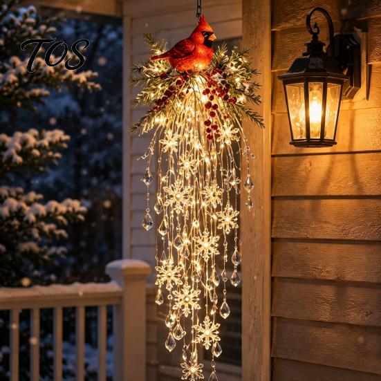 Christmas Gift for Friends Crystal Waterfall Lights, LED Warm White Snowman Pendant Decorative Pine Branch Pendants Light with Snowflake Droplets,