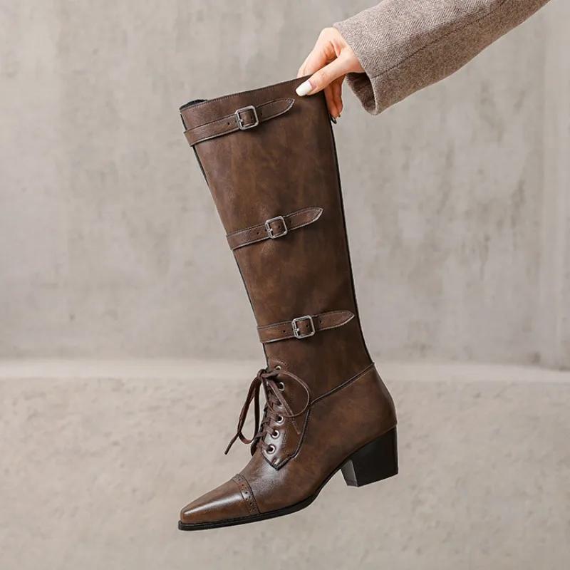 Fashion New Cowhide Cross Tie Straps Belt Buckle Knee High Boots Women Sexy Hot Girl Pole Dance 5.5cm High-heeled Knight Boots Size 40