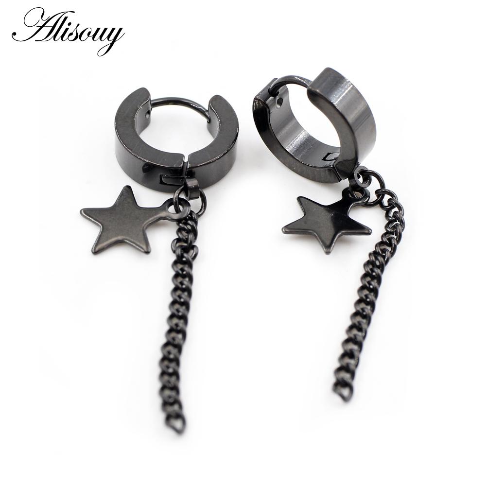 Alisouy 2PCS Stainless Steel Star Cross Snake Spike Skull Sword Blade Chain Feather Spider Dangle Women Men Huggie Hoop Earrings