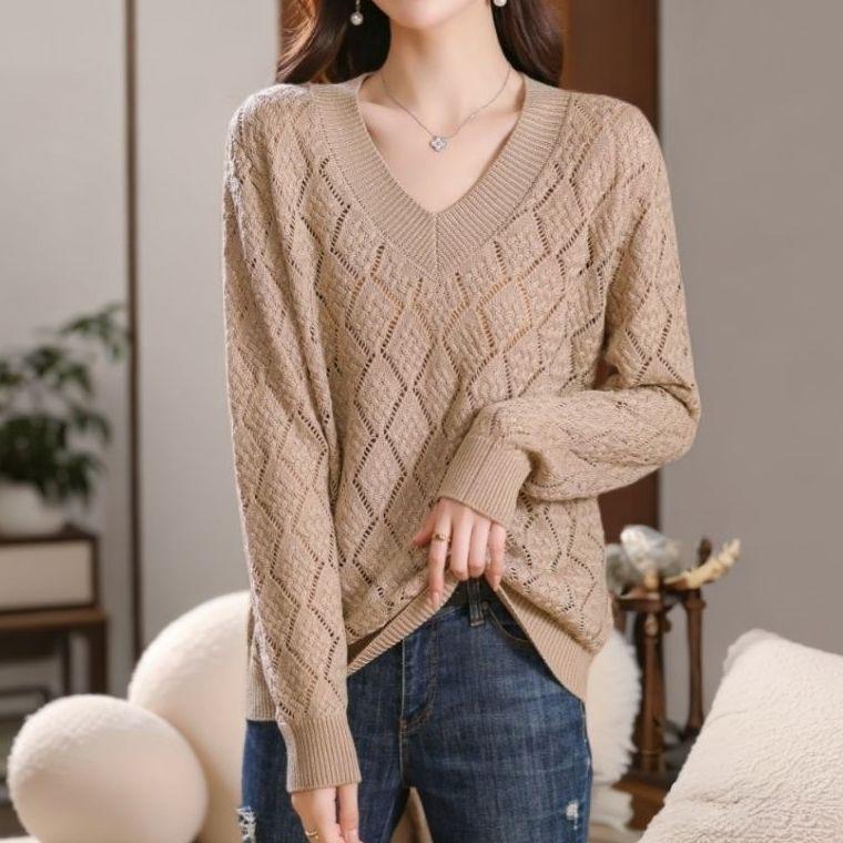 Women's V-neck Plus Size Sweater  Loose Hollow Out  Solid Color Loose Knit Pullover Sweater  Autumn Spring Summer