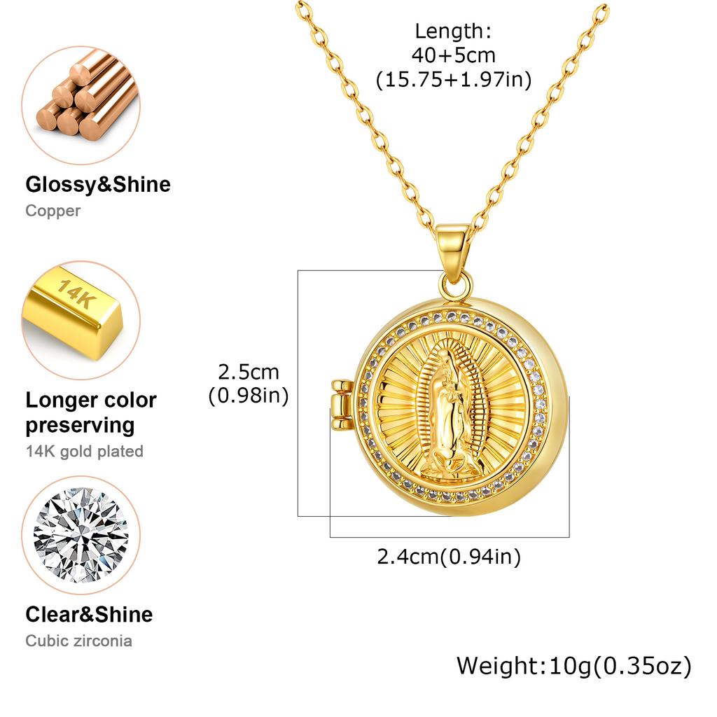Round Zircon Virgin Mary Locked Pendant Necklace for Women, No Photo, Adjustable Link Zircon