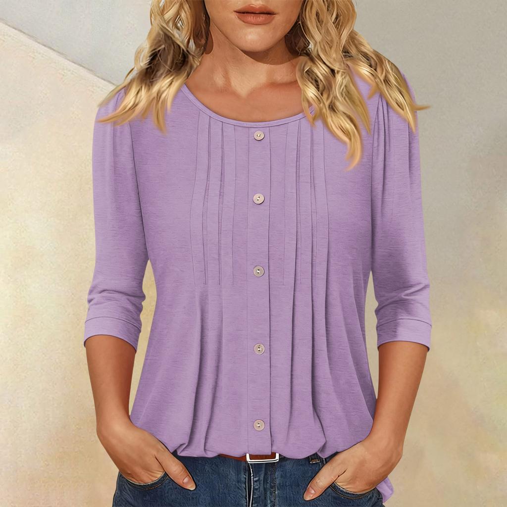 Women's Fashionable Casual Three,quarter Sleeve Button Color Round Neck Top