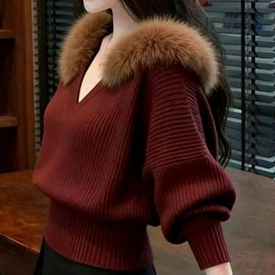Autumn/Winter Korean-Style Knit Sweater with Soft Fur Collar - Women's Loose, Lazy Fit