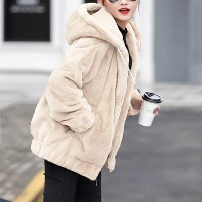 Plus Size Thickened Faux Rabbit Fur Jacket with Hood for Women Winter Style Korean Version Loose Long Sleeve Plush Coat