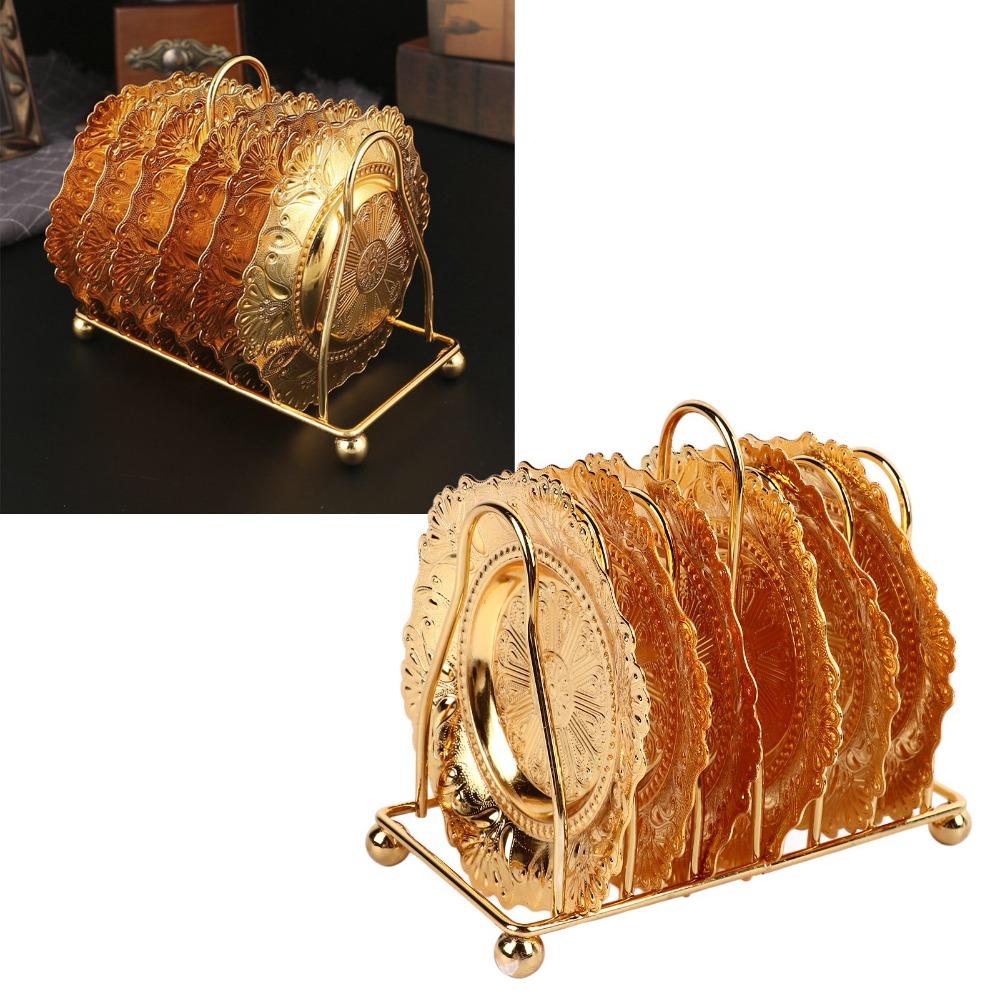 7-teiliges Set goldene Metall-Untersetzer Eisen-Untersetzer mit Halter Untersetzer Tisch-Untersetzer-Set für Couchtisch