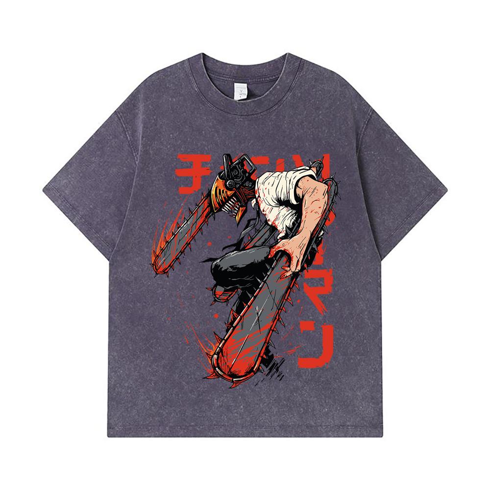 275 GSM Washed T-shirts 100% Cotton Chainsaw Man V21 Denji Print Unisex Heavy Cotton T Shirt