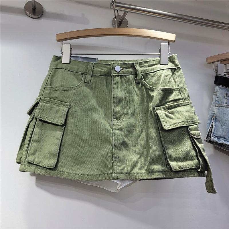 European station summer new denim skirt women's thin tooling pockets high waist anti-light A-word skirt