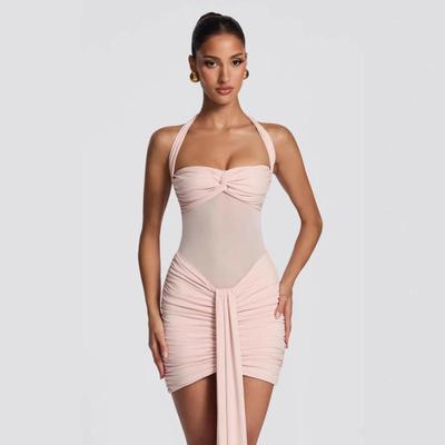 European & American Style Lace-Up Mesh Halter Patchwork Ribbon Bodycon Dress (2026 Summer Collection)