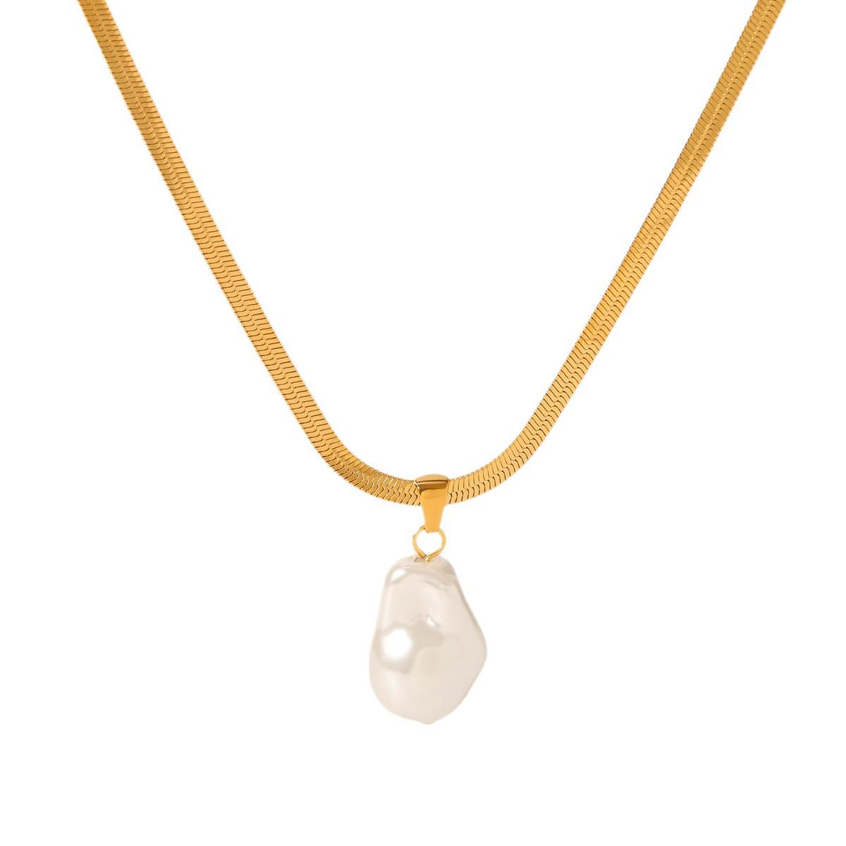 French Retro Stainless Steel Imitation Pearl Pendant Necklace with Irregular Pearl Design Clavicle Chain