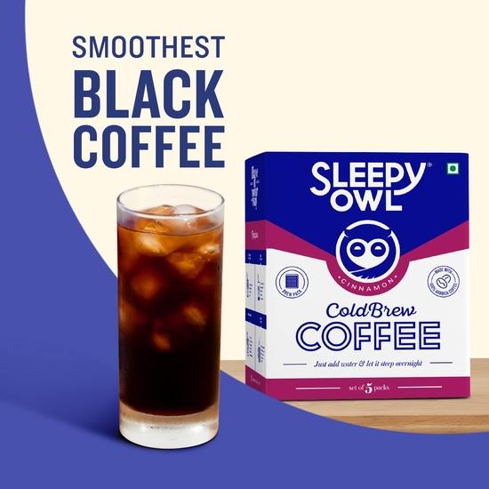 Sleepy Owl Cinnamon Cold Brew Coffee Bags | 100% Arabica Coffee | Set of 5 Packs - Makes 15 Cups | Easy 3 Step Overnight Brew - No Equipment Needed