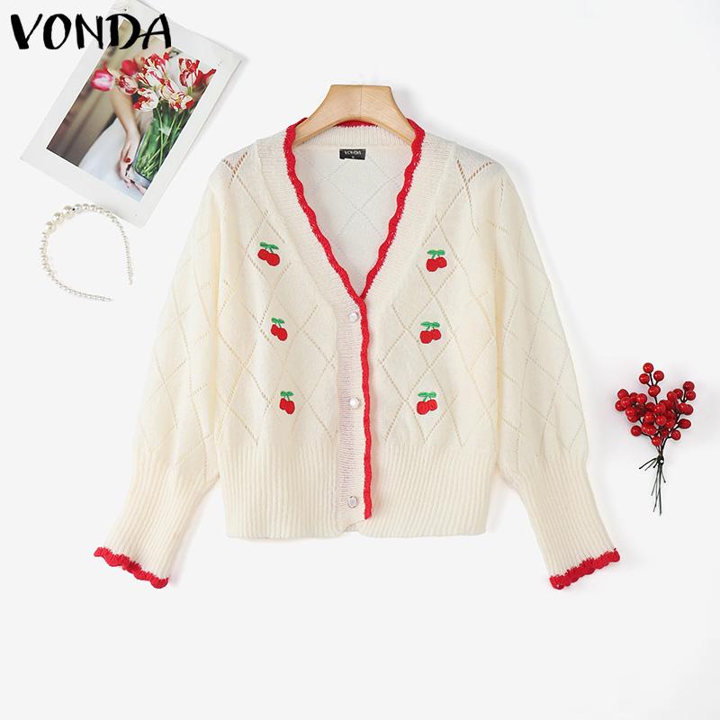 

VONDA Women Long Sleeve Buttons Up Stitching Embroidery Casual Loose Knitted Cardigan F белый