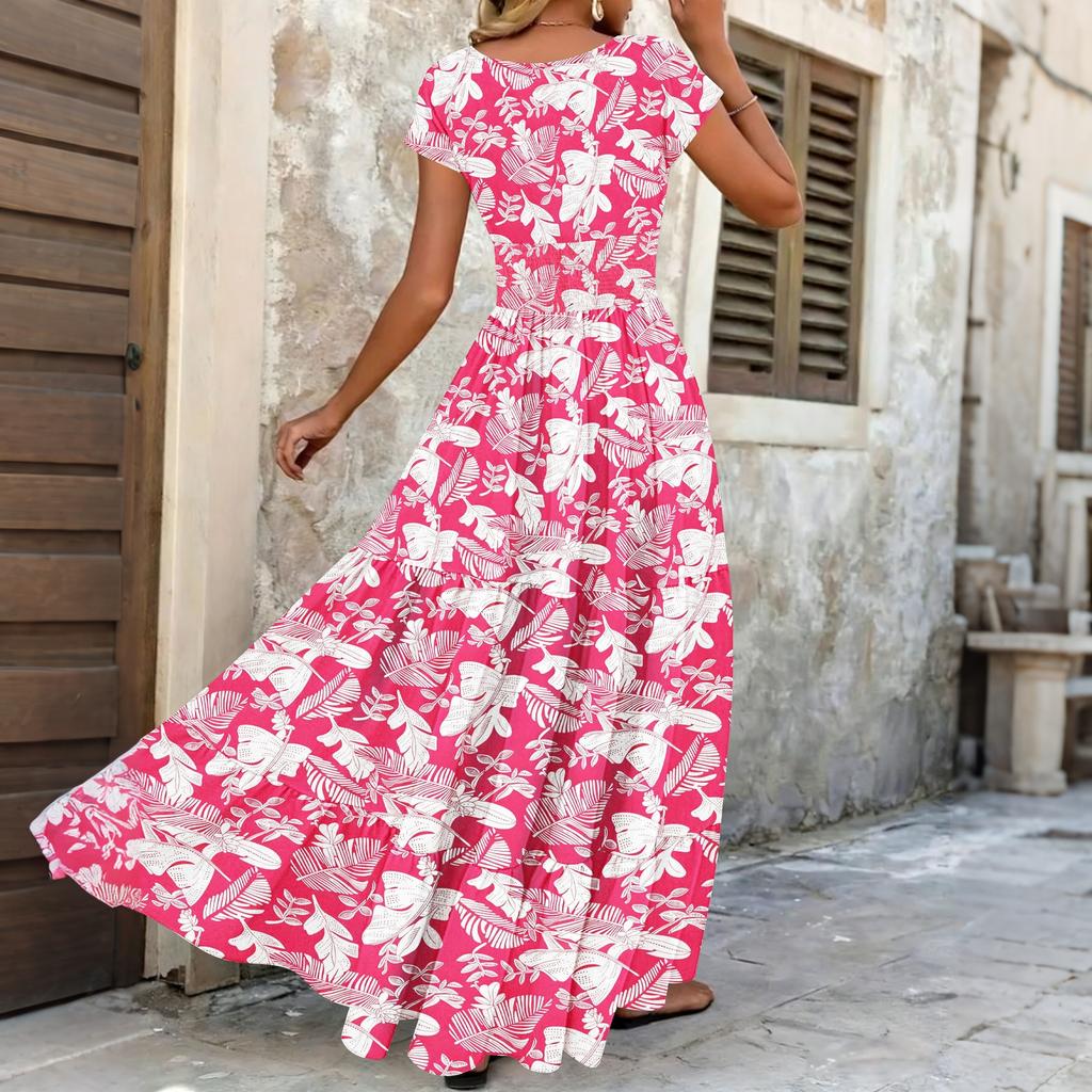 Women Vintage Floral Print V Neck Waist Cinched Short Sleeve Maxi Dress Casual Summer Long Dress for Daily Wear
