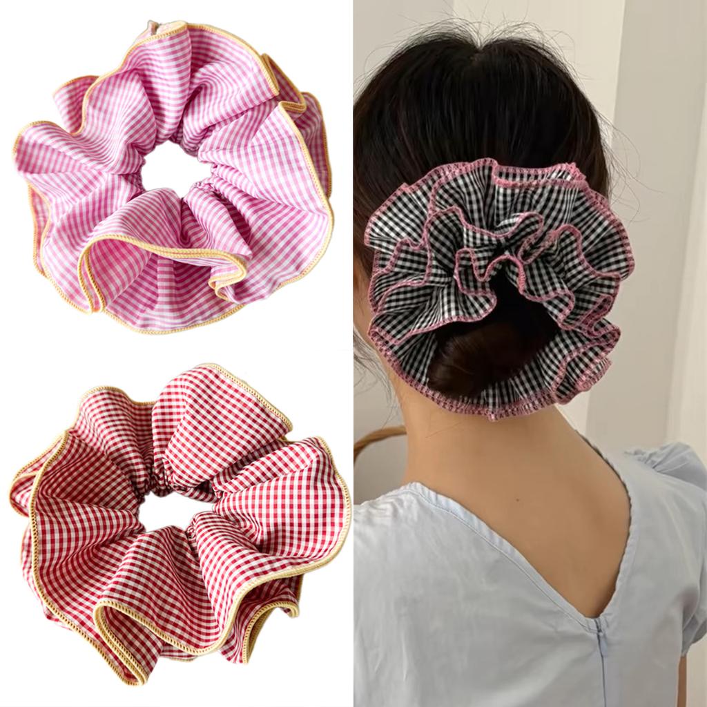 Fashionable Plaid Ruffles Double Layer Scrunchies for Women Retro Korean Oversized Pleated Hair Ties Hair Decoration