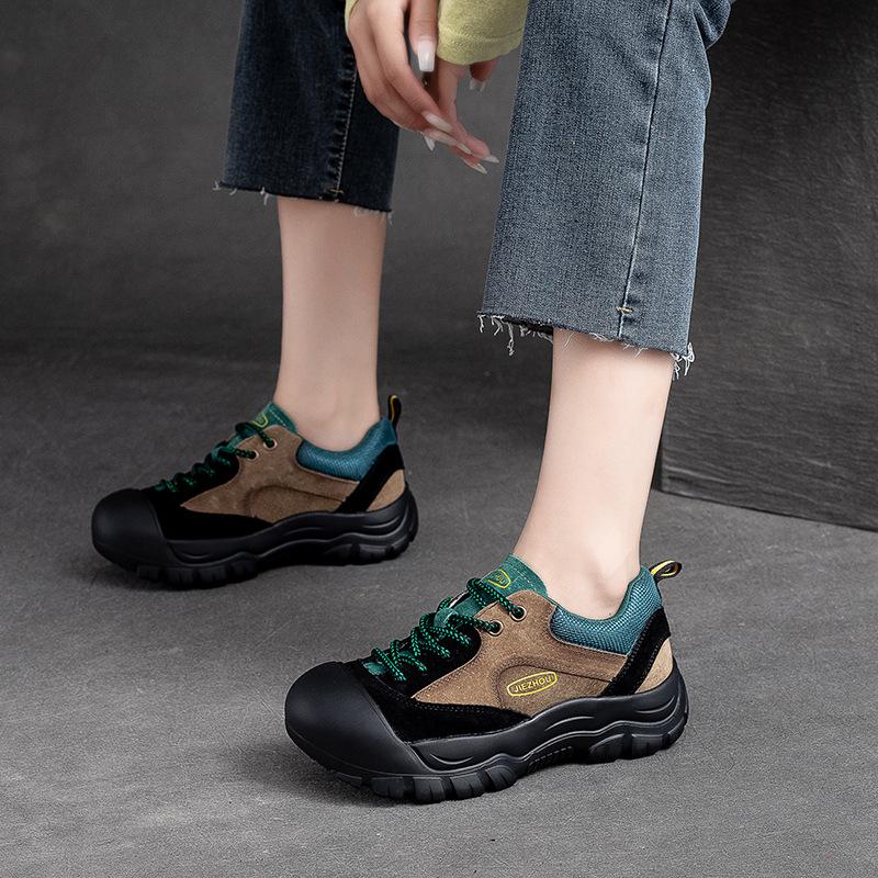 4CM Cow Suede Genuine Leather High Brand Spring Vulcanize Retro Flats Loafers Autumn Big Toe Ergonomic Ethnic Women Shoes