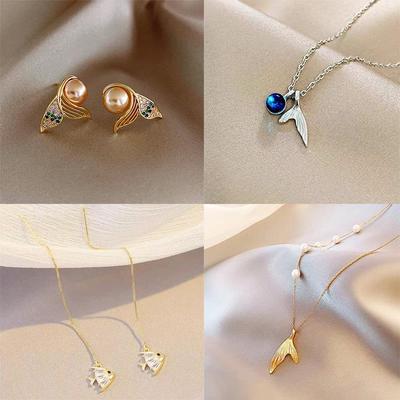 Mermaid Tail Jewelry Set: Creative European & American Design with Whale Collarbone Chain & Earrings