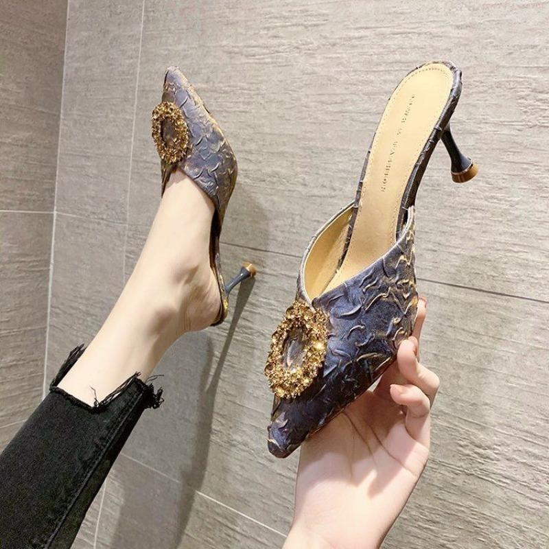 Fashion Women's Mules Slippers and Ladies Sandals Sexy Heeled Rhenstone Shoes Summer Sale Clappers Unique Non Slip Casual Pvc on Slides