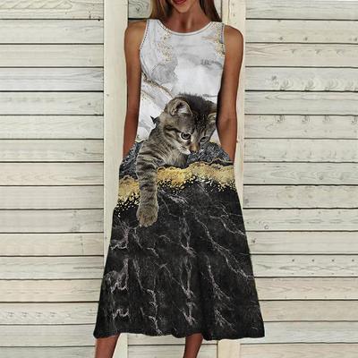 Moda verão sexy vestido sem mangas macio casual 3d travesso gato impressão vestido sem mangas estilingue vestido de verão suspender