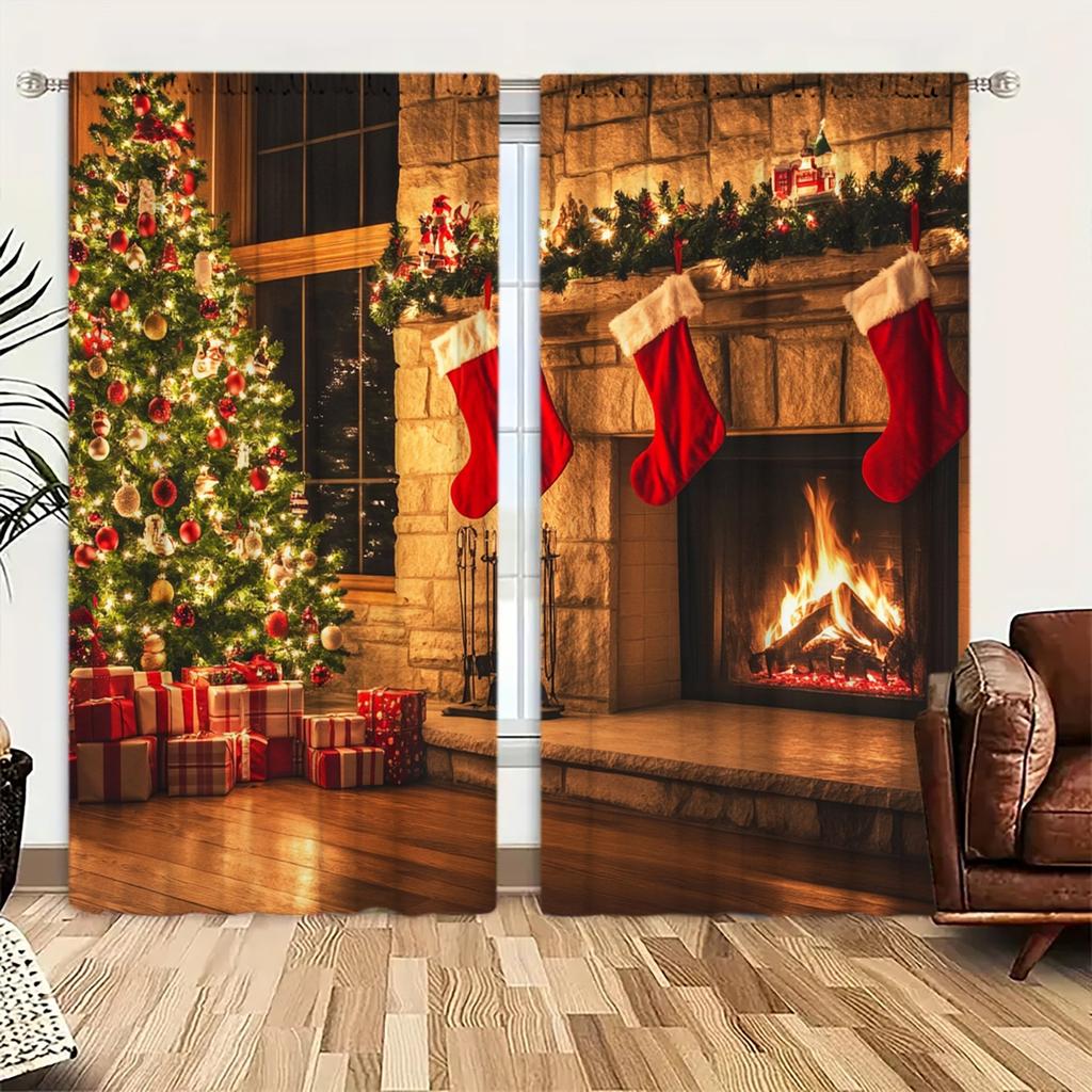 2pcs Christmas Fireplace Printed Curtain for Christmas Home Decor - Rod Pocket Window Treatment for Bedroom, Office, Kitchen