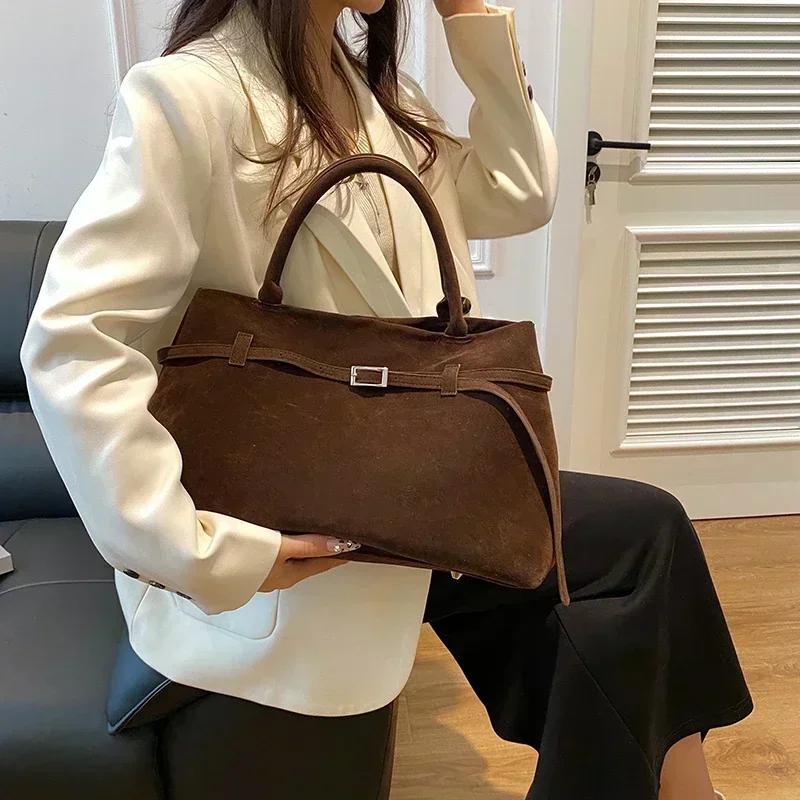 Buckle Decorative Design Solid Faux Suede Handbag Large Capacity Hasp Casual Tote Bags Premium Durable Quality