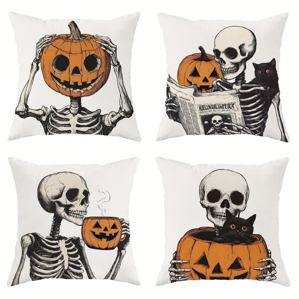 4Pcs Halloween Linen Cushion Cover Trick or Treat Theme Pillowcase Pumpkin-Skeleton Pillow Cover Halloween Party Decoration 2025