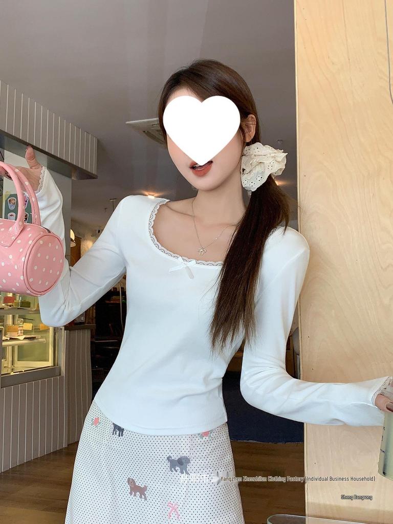Bow Lace Spliced Sexy Long Sleeve Square Neck T-shirt for Women - 2025 Early Autumn Edition