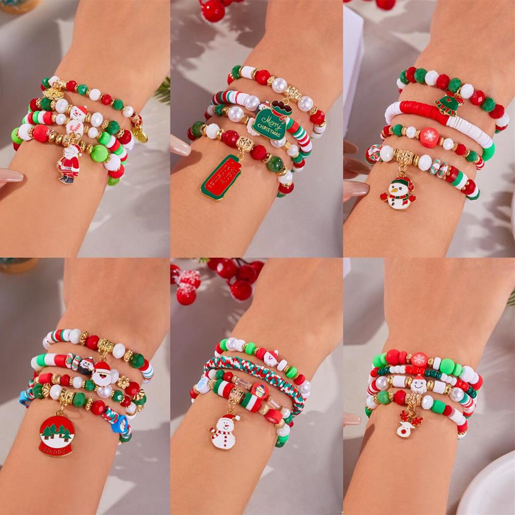 4pcs/set Christmas Series Beaded Bracelet Santa Claus Snowman Snowflake Elk Elastic Beads Bangles Girl Xmas New Year Charm Gifts