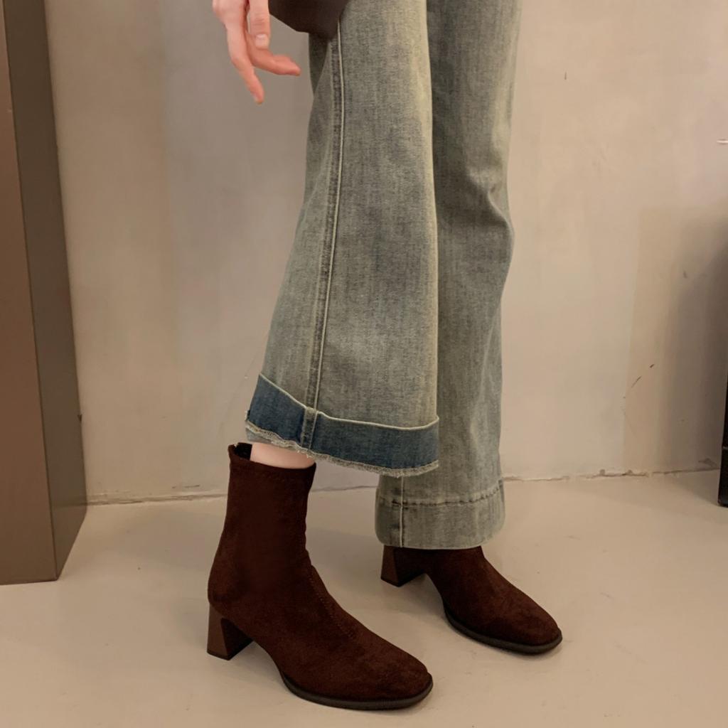 High-heeled Short Boots Women's 2025 New Spring and Autumn Single Boots Thick Heel French Small Ankle Boots Rear Zipper Square Head Elastic Thin Boots