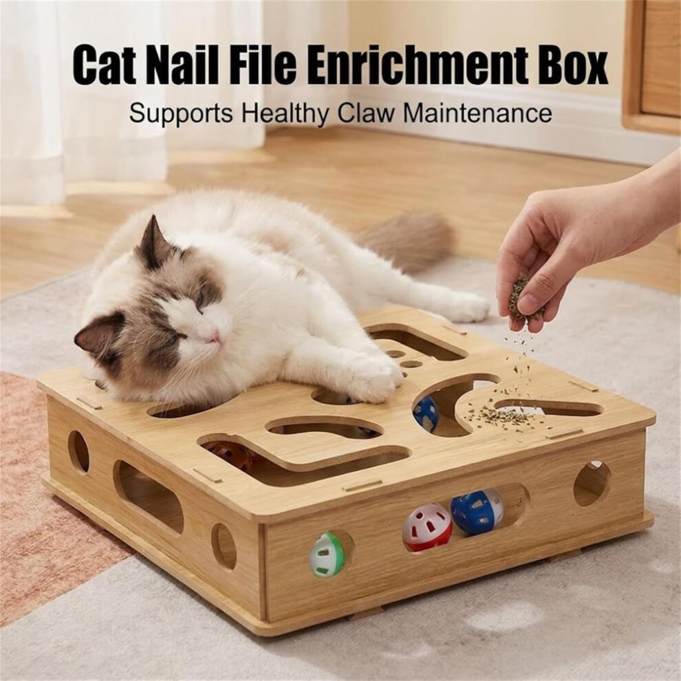 Interactive Wooden Cat Puzzle Toy with Ball & Bell – Indoor Hunting Play Toy Compatible with Cats & Kittens