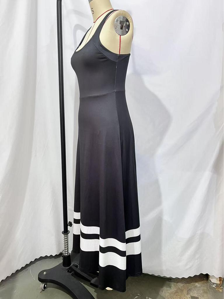 Elegantes Colorblock Ärmelloses U-Ausschnitt Kreuz Offener Rücken Schwarz-Weiß Langes Kleid für Damen
