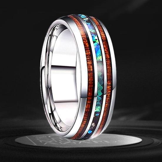 Unisex Wooden Abalone Shell Titanium Steel Ring Wedding Party Jewelry