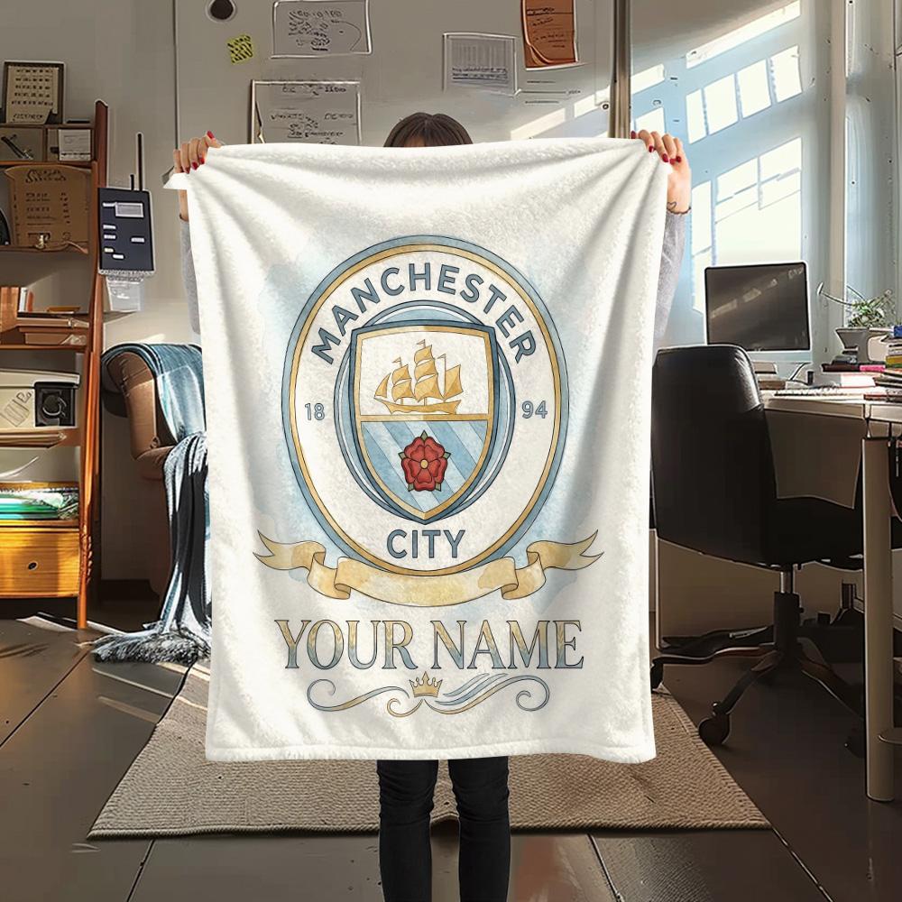 Custom Name Manchester City2 Flannel Blanket, High Quality Comfortable for All Seasons, Home Decor, Warmth and Comfort