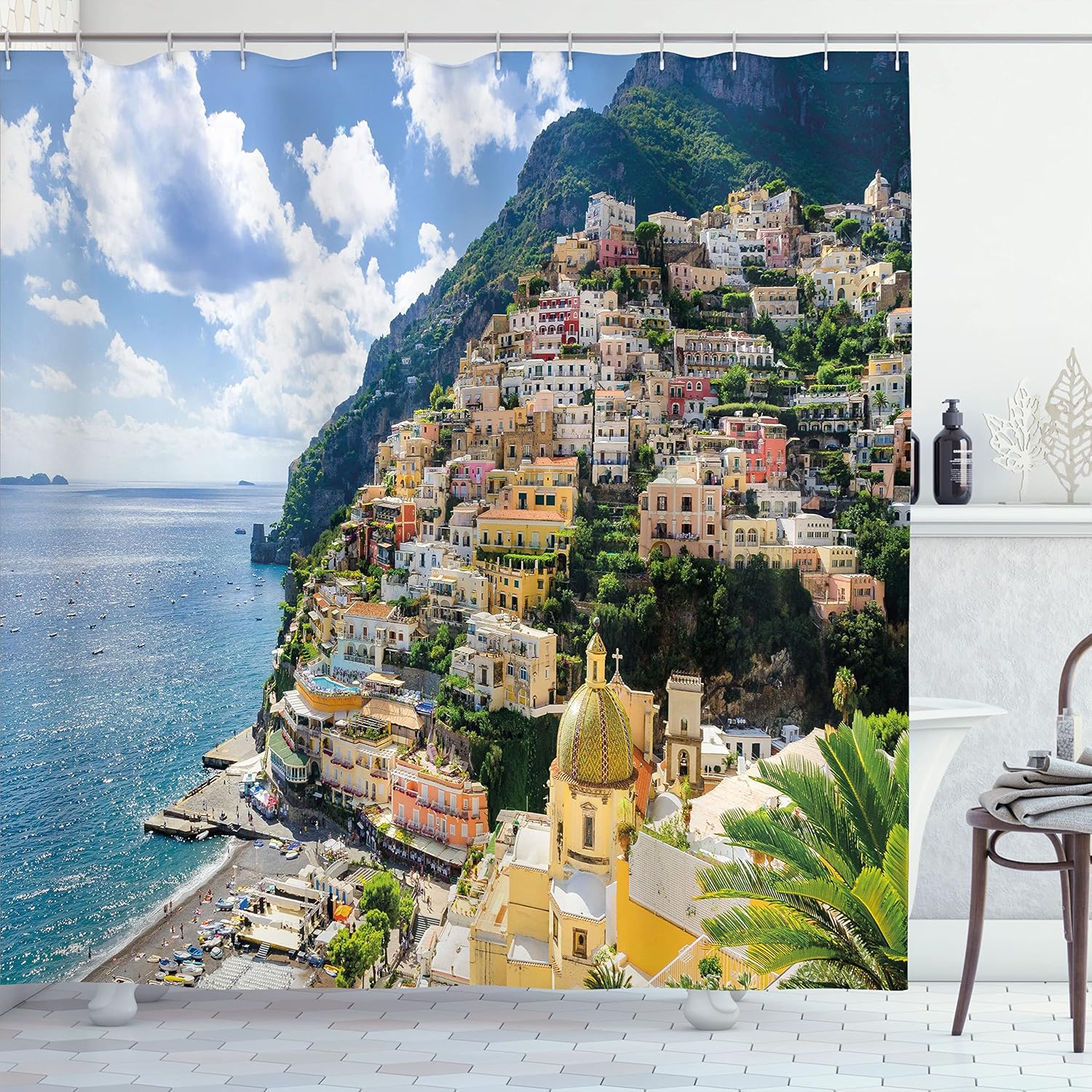 

Positano Italy Shower Curtain Mediterranean Coast View Beach Town Decor Travel Theme Linen180X230 W60H190(CM)-1 Pcs