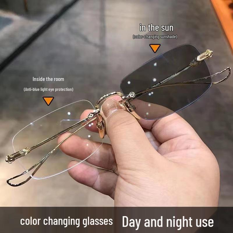 Retro Frameless Photochromic Myopia Glasses - Ultra-light, Artistic Metal Frames, Anti-blue Light, Prescription or Plano Lenses Compatible.