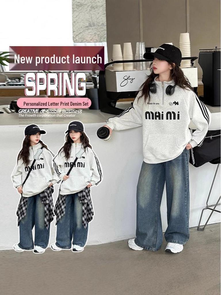 Trendy 2025 Girls' Autumn Sweatshirt & Jeans Set - Fashionable Two-Piece for Older Kids