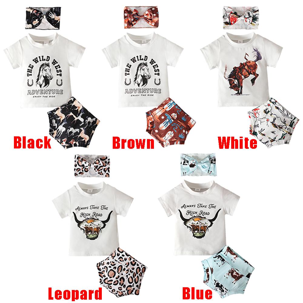 Summer Baby Animal Printed Tee Shirt + Shorts + Headband 3PCS Outfits Clothes for 0-3 Years