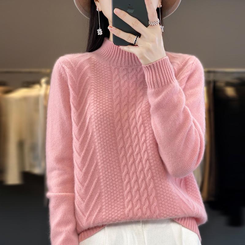 Women's High-Neck Wool Sweater: Autumn/Winter Loose Fit Cable Knit Base Layer, Thickened and Stylish.