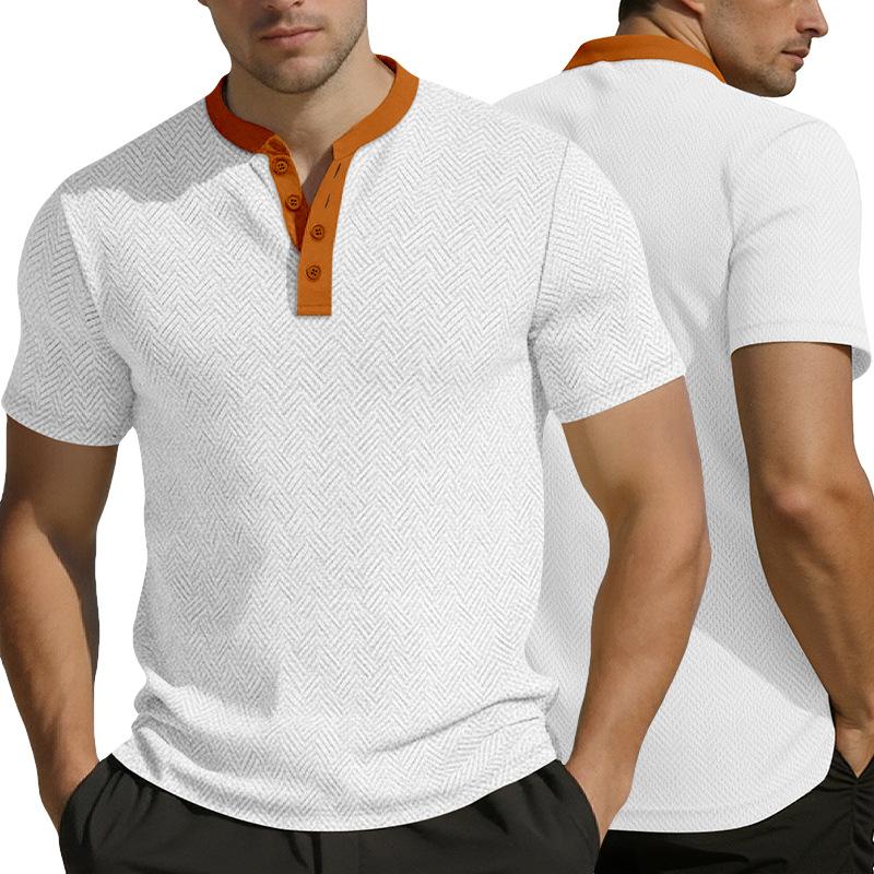 Men s summer short-sleeved casual loose-fit breathable terry jacquard button-down stand-up collar T-shirt S