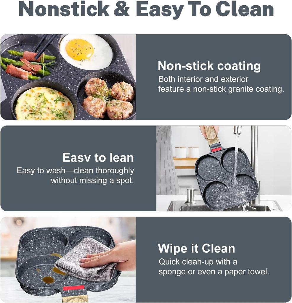 4‑Cup Nonstick Egg Pan Set with Lid–Aluminum Omelette Skillet for Breakfast, Includes Oil Brush – Compatible with Gas and Induction Cooktops