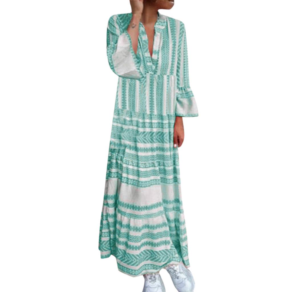 Fashion Women Summer Printed V Neck  Long Dresses Bohemian Dresses