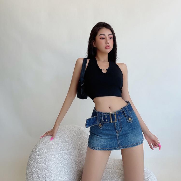 American Sexy High-Waisted Denim A-Line Mini Skirt for Women