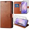Case for Samsung Galaxy S26 Plus, Anti-Scratch Protection Leather Effect - Brown - 2 Tempered Glasses