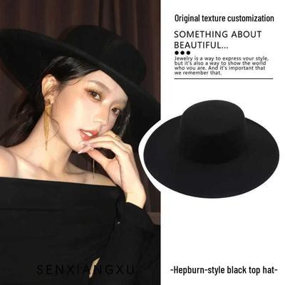 Damen Woll-Fedora im Hepburn-Stil - Französischer flacher Oberteil mit breiter Krempe für Herbst & Winter