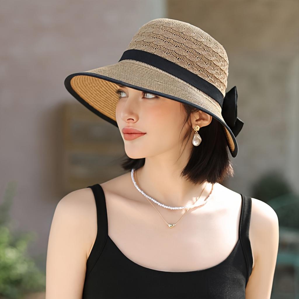 Sommer Strand Stroh Sonnenhut Atmungsaktiv Französischer Stil Schleife Strohhüte Eleganter Hut für Outdoor Reisen Fotografie