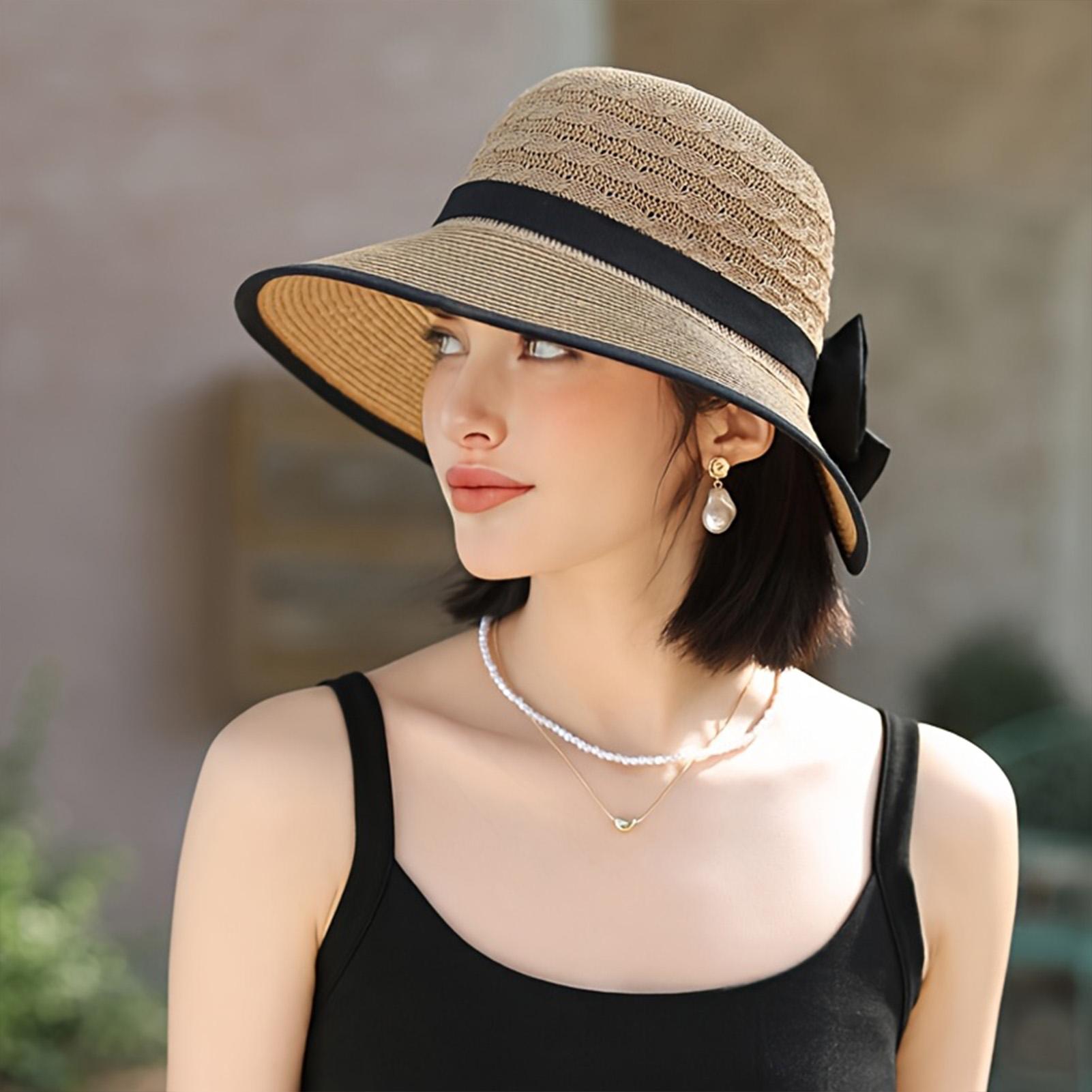 My Extreme Outdoor Activities Women's Black Elegant Bowknot Straw Sun Hat Wide Brim Beach Hat Uv Protection Summer Outdoor Travel French Style Breathable Lightweight