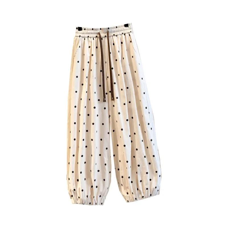 Sommer Baumwoll-Leinen Gepunktete Hosen Damen Locker Weiter Bein Vielseitig Neunpunkt Haremshose Koreanische Version Laternenhose