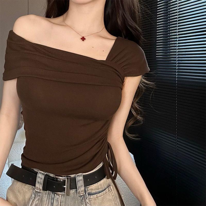 Plain Flat Knit Summer Womens Off Shoulder Top With Embroidery For Casual Wear