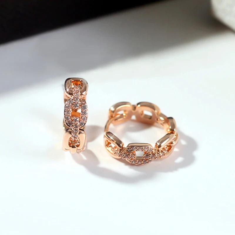 Chic Unique Chain Link Designed Female Hoop Earrings Shiny CZ Rose Gold Color Earrings Trendy Dainty Engagement Jewelry
